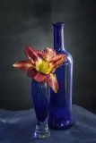 Blue bottle and glass  with a bright orange to red flower..